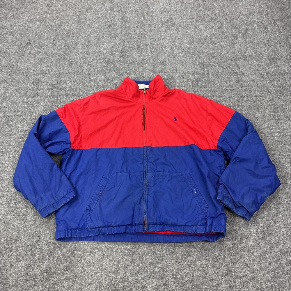VTG Polo Ralph Lauren Jacket Mens L Blue Red Colorblock Full Zip Fleece Lined